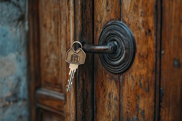 Fototapeta premium A key with a house-shaped handle on the door of an apartment, representing the real estate concept. This stock photo could be used for an online art print. 