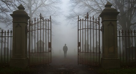 Mysterious Figure in Foggy Cemetery