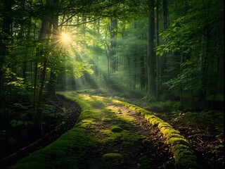 Golden rays of sun break through forest canopy, lighting tranquil green path.