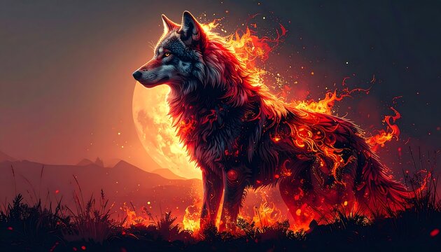 Fiery wolf silhouette at dawn