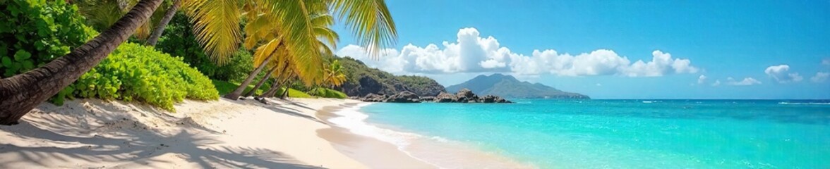 Obraz premium Relaxing on a pristine Hawaiian beach, turquoise water laps gently at the shore, palm trees sway in the warm breeze A perfect escape to paradise , heat, waves, blue