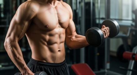 A shirtless, muscular man with defined abs performs an intense dumbbell bicep curl, his chiseled torso illuminated by dramatic gym lighting.