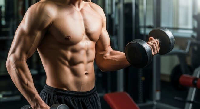 A shirtless, muscular man with defined abs performs an intense dumbbell bicep curl, his chiseled torso illuminated by dramatic gym lighting. - Powered by Adobe