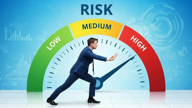 A businessman in a suit is pushing a risk meter from low to high, illustrating the concept of risk management and business strategy