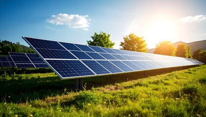 Solar panels in a field under a bright sky