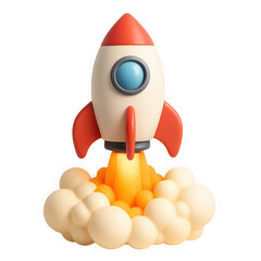 Cartoon rocket ship launching with fiery exhaust and fluffy clouds detailed 3d render transparent background