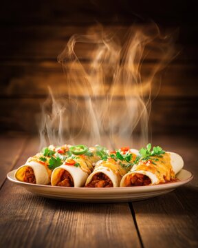 Delicious steaming enchiladas with vibrant toppings on a wooden table