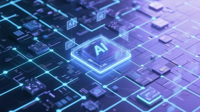 Futuristic AI processor glowing on a circuit board, with interconnected lines representing data flow and advanced computing. Symbolizes machine learning and digital innovation.