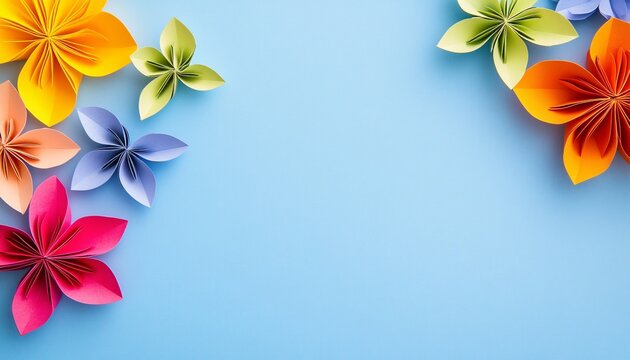 The image shows several colorful origami flowers arranged on a light blue background, leaving a large empty space in the center.
