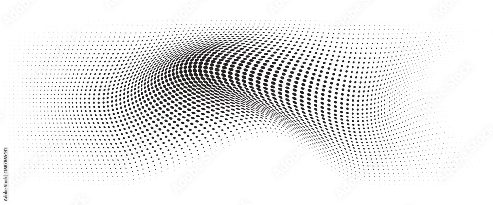 Poster flowing wave dot halftone pattern: curve gradient shape on transparent background. suitable for ai, 