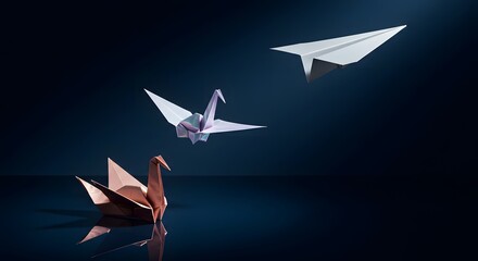 Origami paper swan and crane transforming into a paper airplane, symbolizing innovation, creative progress, and transformation