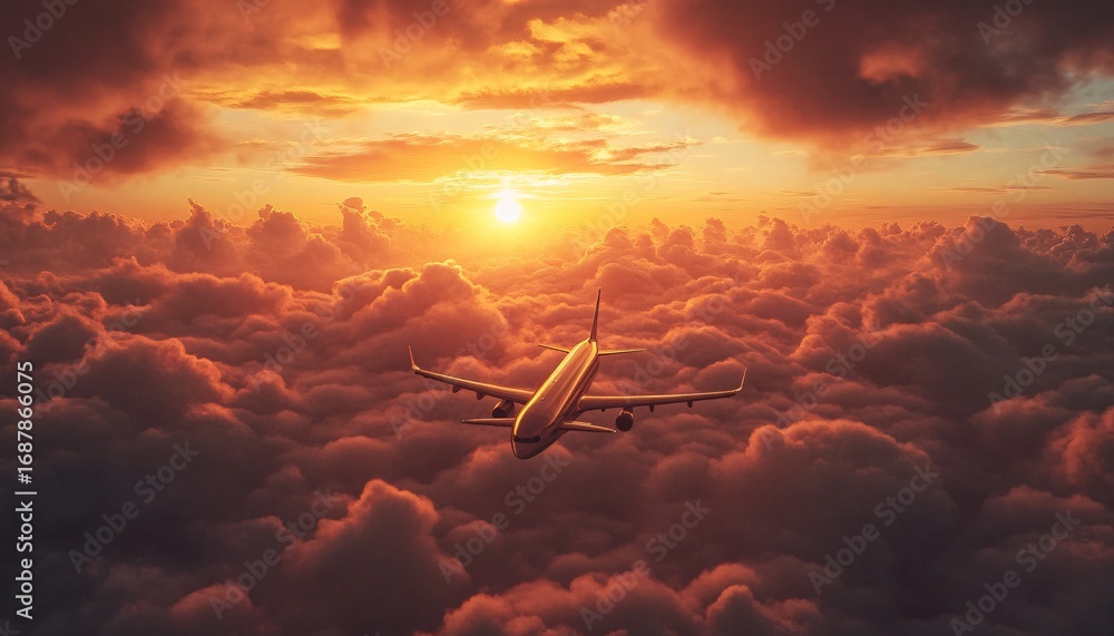 Poster An airplane is seen flying above a dense layer of clouds illuminated by a warm-toned sunset, the sun is partially visible through the clouds.