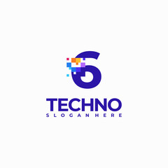 6 Pixel Number Logo Design Template, Pixel Technology logo symbol concept