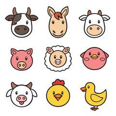 Farm animal faces and full body icons horse sheep