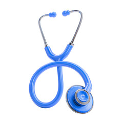 Blue Stethoscope has smooth surface, shiny chrome accents, stands upright, and it is for healthcare branding or medical background.