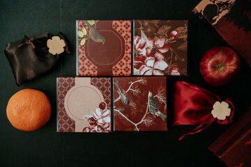 Luxury hamper gift display decoration for wedding with fruits, engagement. Top view