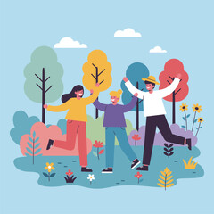 Joyful diverse group running in vibrant park. Friends or family enjoying nature, outdoor activity, happiness, and freedom.