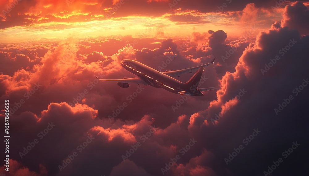 Aufkleber an airplane is in flight above a layer of fluffy clouds illuminated in shades of orange and red by t