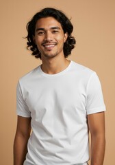 Radiant Smile of a Handsome Young Man with Long Wavy Hair on a Neutral Background.
