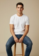 Confident Young Man in a Classic White T-Shirt and Jeans Posing on a Wooden Stool.
