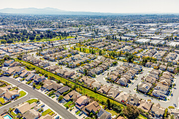 Brea, Orange County, CA, California, April 3, 2024: Aerial Drone City View toward Central Ave and...