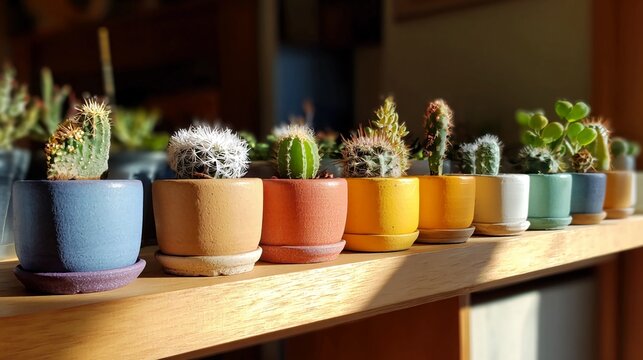 A row of various cacti and succulents in colorful pots on a wooden shelf, illuminated by sunlight. - Powered by Adobe
