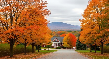 Obraz premium Autumn Road with House, and Fall Foliage.