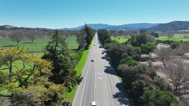 Solvang, California, USA, March 3, 2025, Drone View of Wine Country Near San Ynes &ndash; Aerial Footage of Vineyards, Rolling Hills, and Danish-Style Architecture in the Heart of Santa Barbara Wine Region