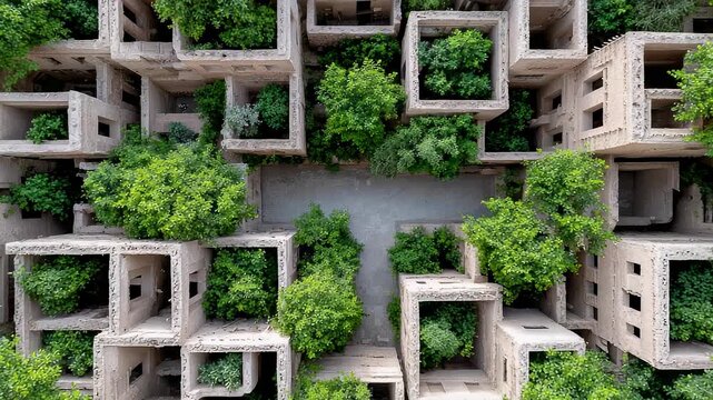 Aerial View of Eco-Architecture Complex: Harmonious Coexistence of Greenery and Architecture