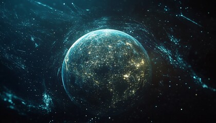 Obraz premium A digital illustration shows the Earth at night with city lights, surrounded by a network of glowing teal lines that suggest global connections.