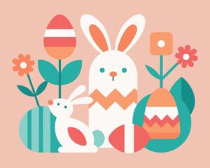 Fototapeta premium Cute Easter Illustration with Bunnies Eggs and Flowers in a Modern Style