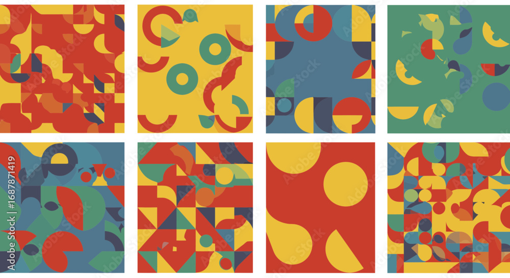 Poster abstract geometric patterns with retro colors and shapes, bold and modern design