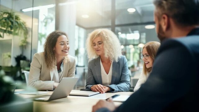 Casual office meeting video with a diverse team, captured from a low angle. Bright, natural lighting enhances the collaborative atmosphere.