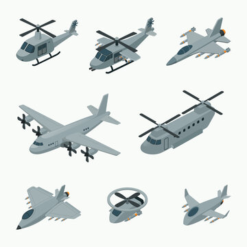 Isometric of Different Military Aircraft Vector Illustration