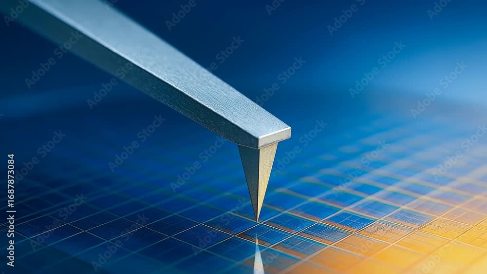 Poster semiconductor industry production process with precision tool and probe testing microchip wafer surf