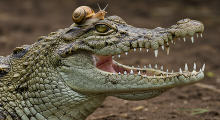 Fototapeta premium A unique photo of a crocodile with its mouth open and a snail on its head, showing contrast between a fierce predator and a tiny creature.