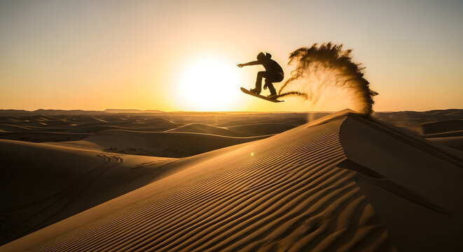 A person sandboarding down a desert dune at sunset, kicking up sand against the golden sky during an adventurous jump.