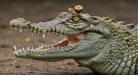 Fototapeta premium A unique photo of a crocodile with its mouth open and a snail on its head, showing contrast between a fierce predator and a tiny creature.