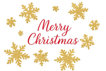 Obraz premium Golden snowflakes framing merry christmas sign on transparent background