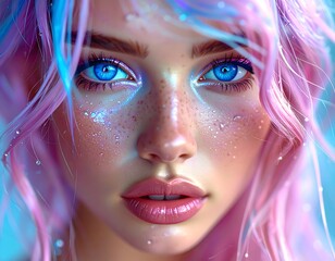 Obraz premium A Hyper-Realistic Close-up of a Woman's Face with Water Droplets