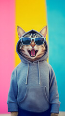 Obraz premium Happy reaction funny cat wearing sunglasses and hoodie, vertical image