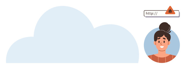Cloud with alert icon on browser bar and woman avatar emphasizing cybersecurity, data protection. Ideal for digital safety, online privacy, user authentication, secure browsing, identity threat