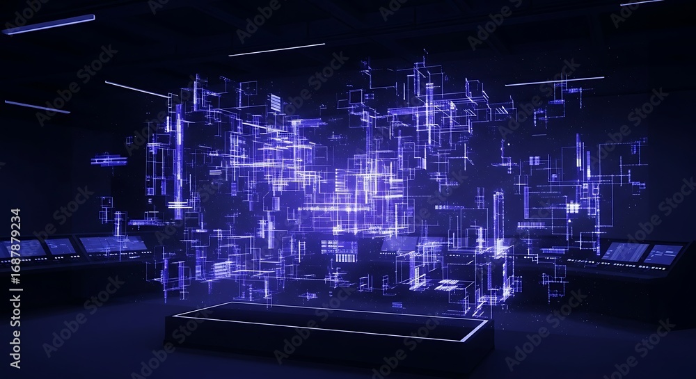 Aufkleber futuristic blue holographic data visualization projecting geometric shapes and lines in dark technol