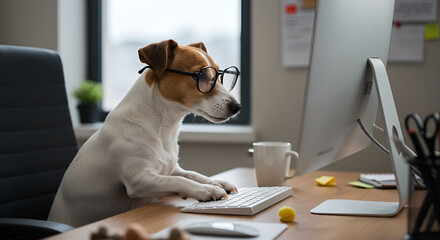 Cute dog wearing glasses sitting at a computer, looking like working in an office, mixing professional atmosphere with adorable charm.