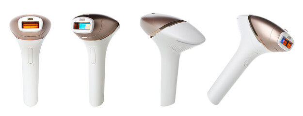 Set of modern photoepilators on white background