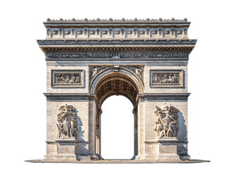 Fototapeta premium Full view of an ornate stone archway. Massive, classical design with detailed carvings. Light beige color. Clear, bright lighting