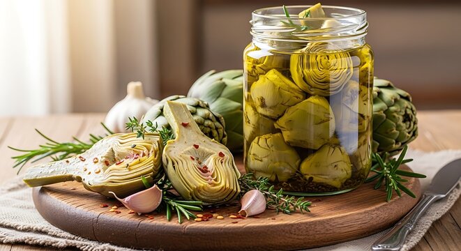 Marinated artichoke hearts in jar.