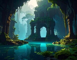 Lush overgrown ruins by a tranquil pool