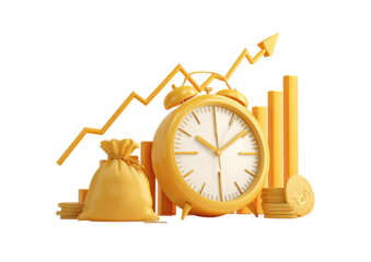 Gold-toned clock, upward trend, money bag, and graphs.  A 3D illustration of financial growth