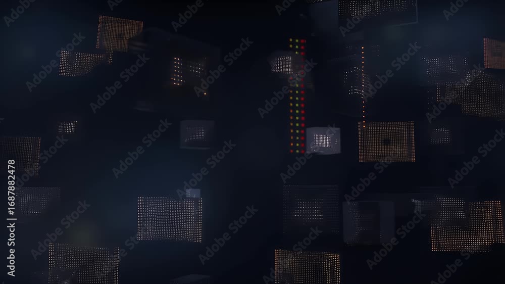 Poster floating illuminated cubes in dark space. abstract digital art with glowing light patterns and geome